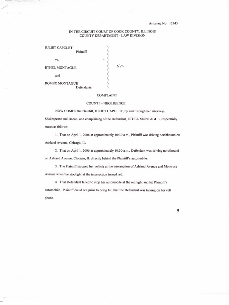 Sample Negligence Complaint Negligence Legal Concepts