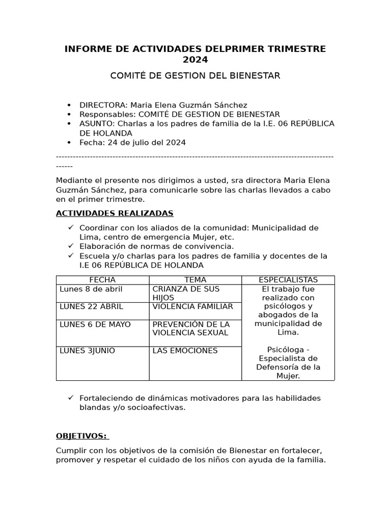 Informe Actividades Primer Trimestre 2024 | PDF