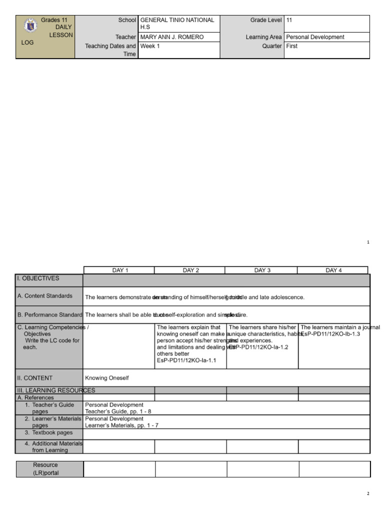 Grade 11 Personal Development Lesson Plan | PDF | Learning | Emotions