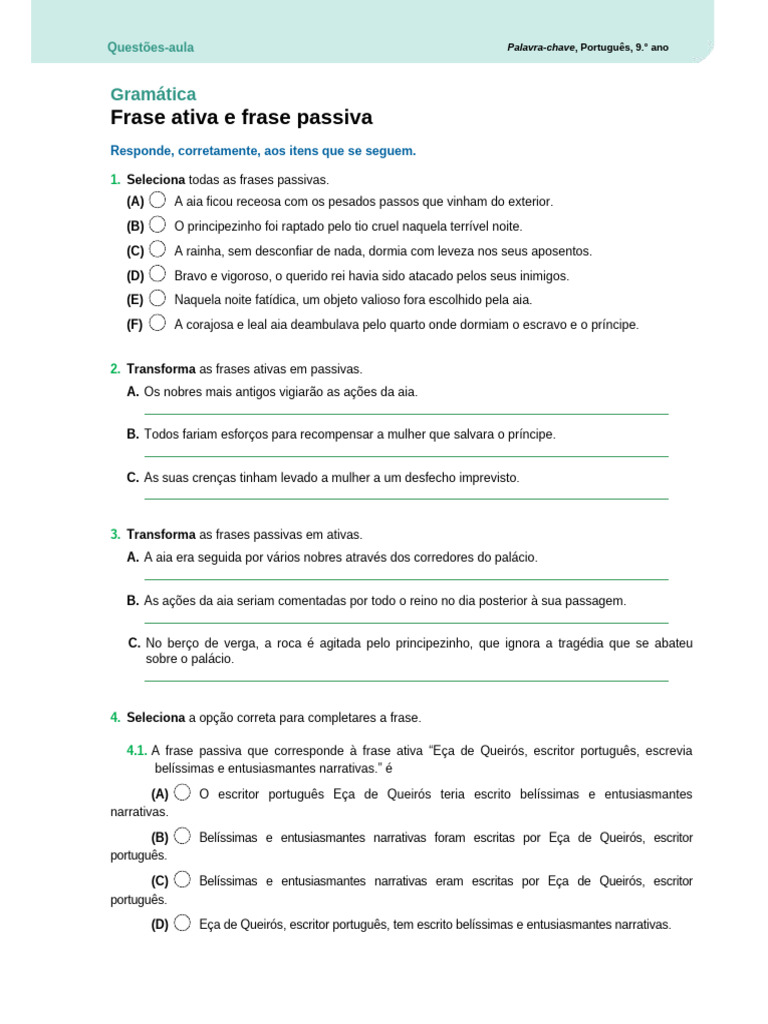 Frases Ativas e Passivas: 9º Ano | PDF
