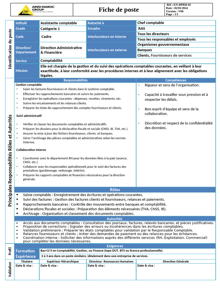 Fiche de poste : Assistante comptable | PDF | Facture | Comptabilité
