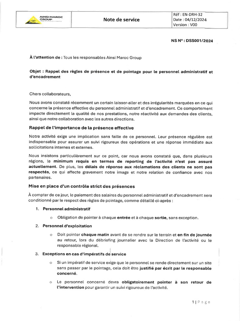 Note de Service DSS001-2024 | PDF