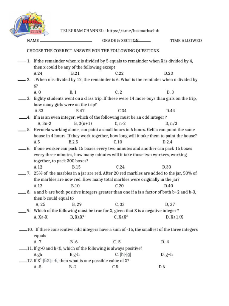 Math Quiz Questions and Answers | PDF | Integer | Ring Theory