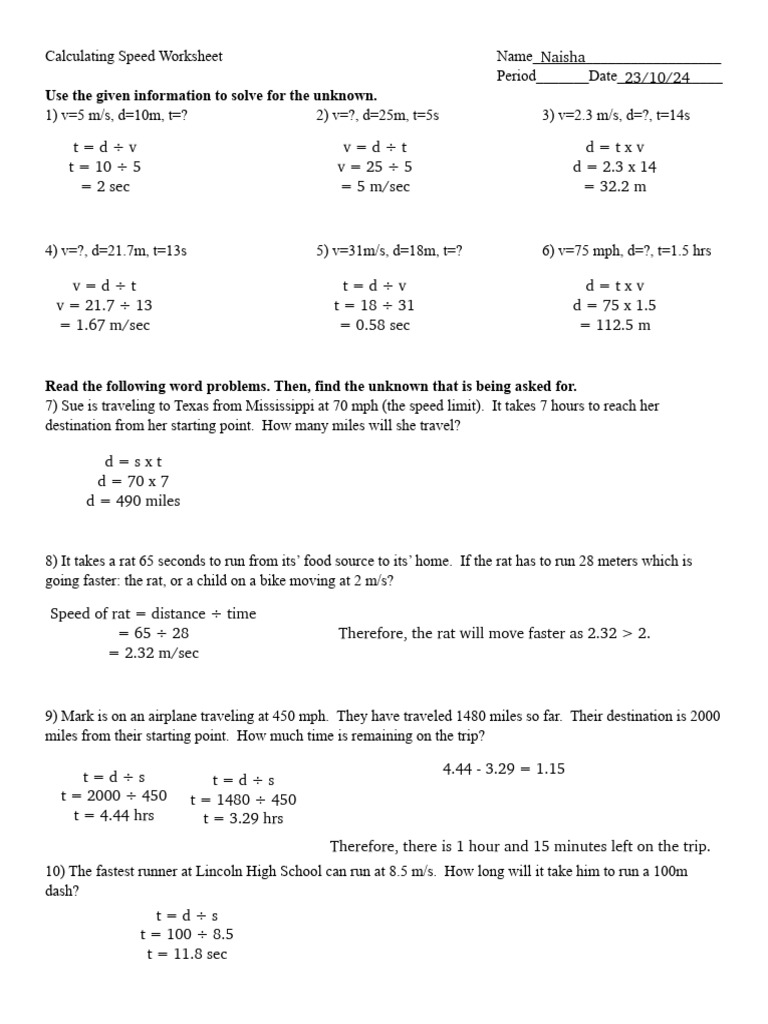 Naisha Mathew - Calculating Speed Worksheet | PDF | Speed | Velocity