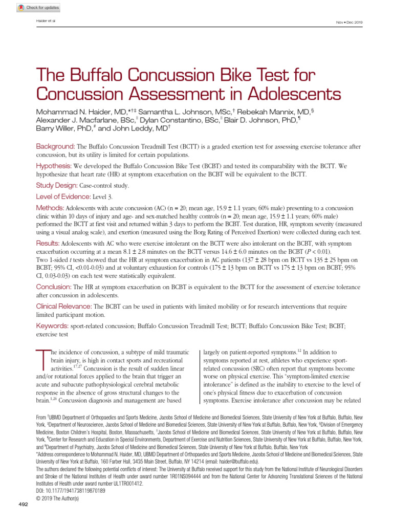 Buffalo Concussion Bike Test Study | PDF | Concussion | Heart Rate