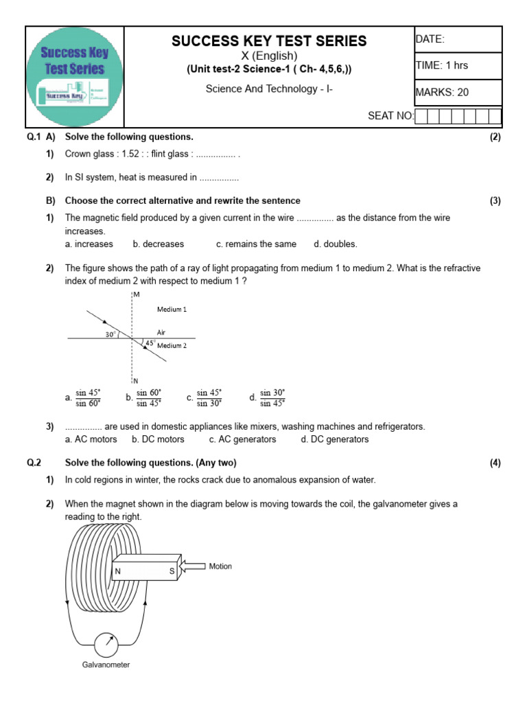 Class 10 E Unit Test-2 Science - 1Q | PDF | Light | Refractive Index