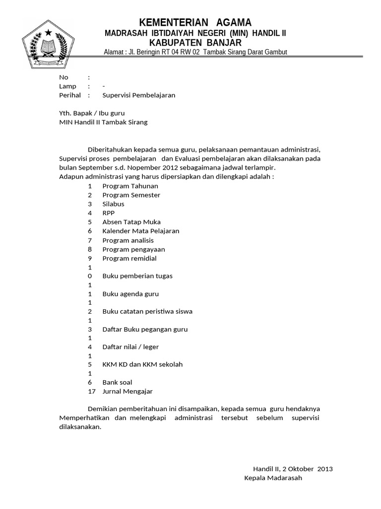 Supervisi Pembelajaran MIN Handil II | PDF