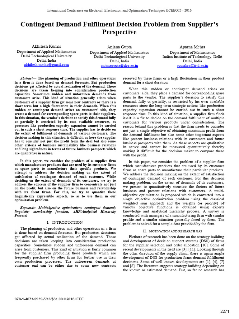 Supplier Decision-Making on Contingent Demand | PDF | Customer | Demand