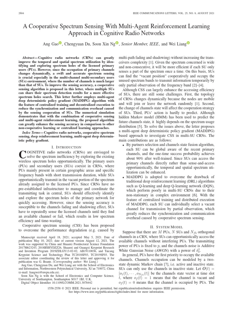 A Cooperative Spectrum Sensing With Multi-Agent Reinforcement Learning ...