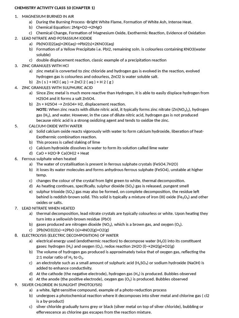 Class 10 Chemistry Reactions Overview | PDF | Chemical Reactions ...