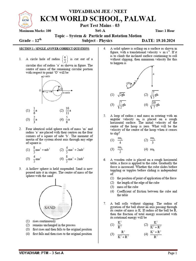 JEE/NEET Physics Test: Motion & Systems | PDF | Rotation Around A Fixed ...