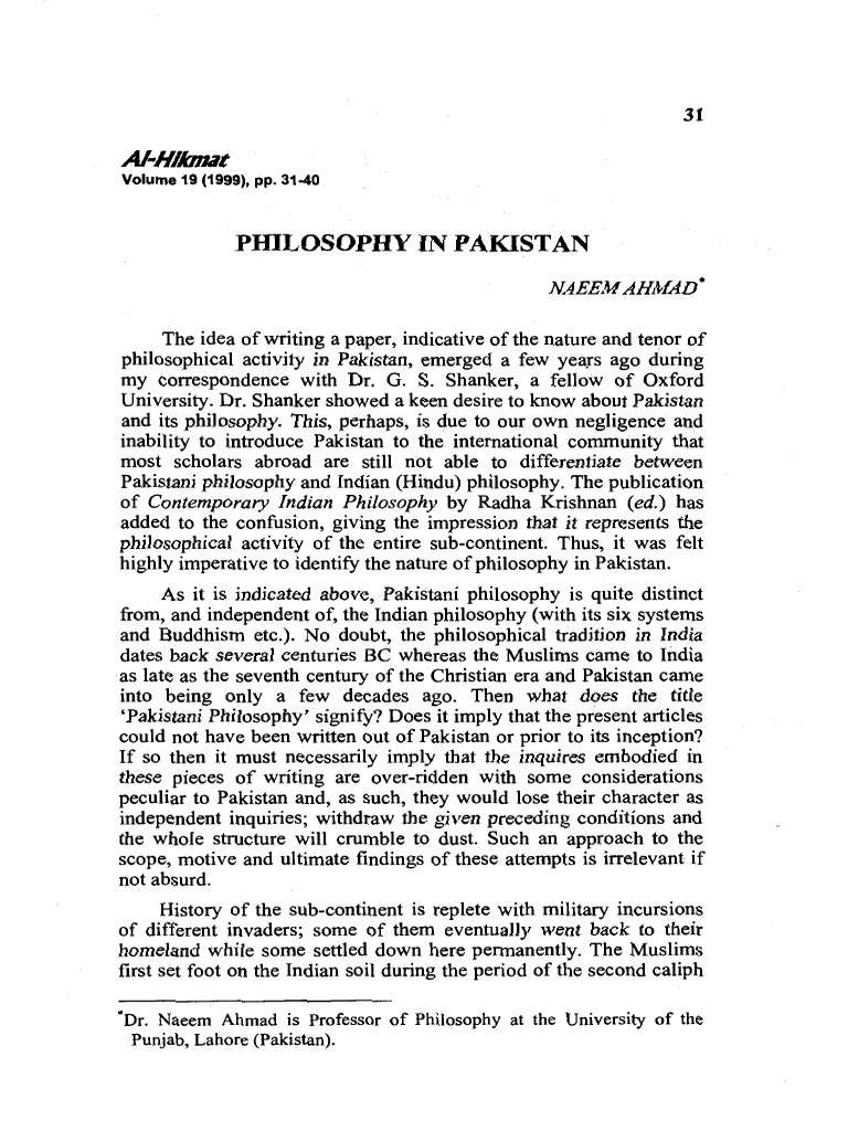 03 - Philosophy in Pakistan by Naeem Ahmad - v19 - 1999 | PDF