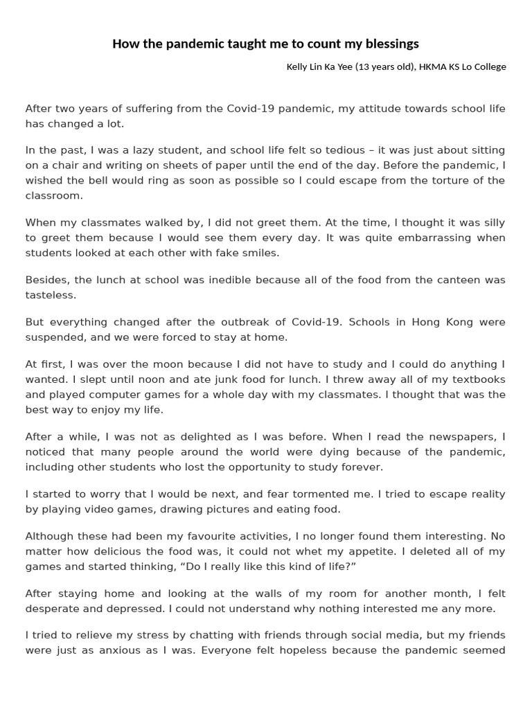 F1 Model Essay - How The Pandemic Taught Me To Count My Blessings | PDF