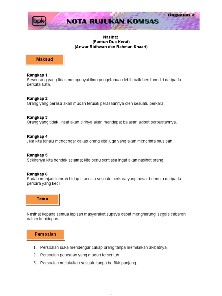 Pantun Nasihat 2 Kerat Pdf