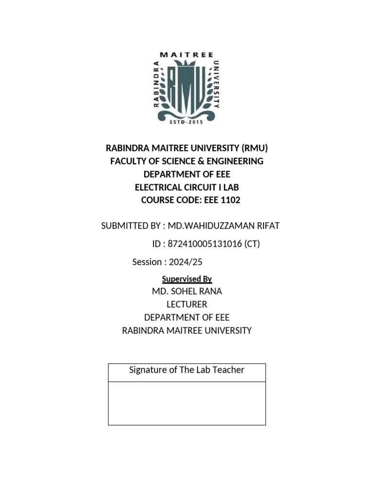 RMU Electrical Circuit I Lab Report | PDF