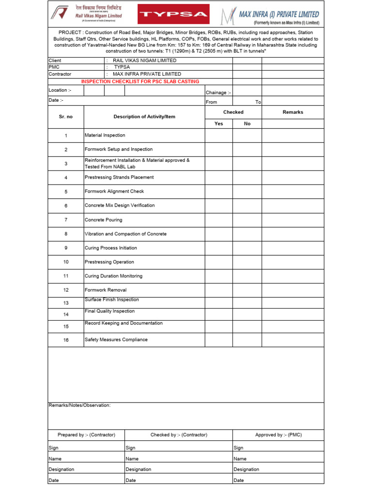 PSC Slab Casting Inspection Checklist | PDF