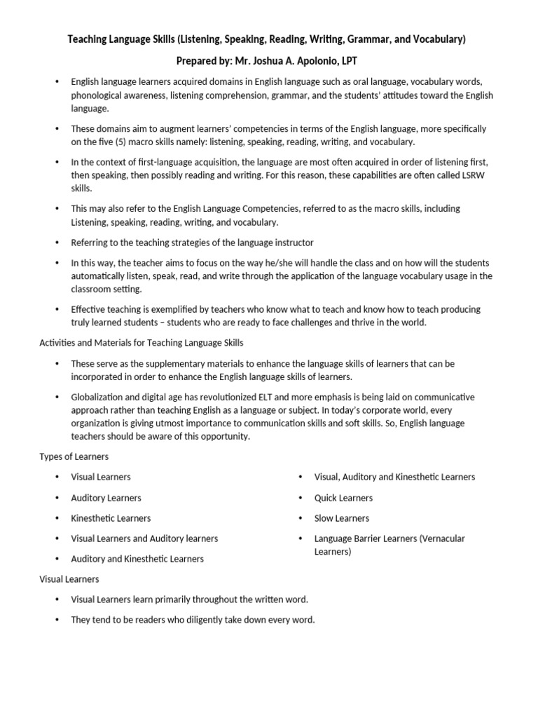 Effective Strategies for Teaching English Skills | PDF | English As A ...