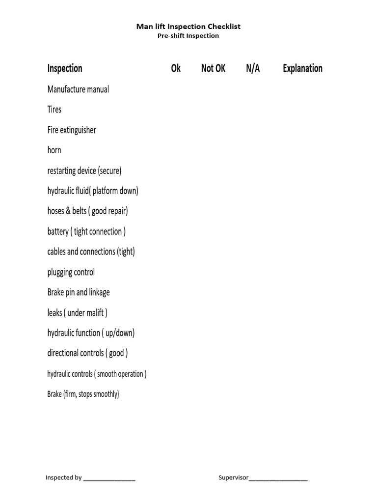Man Lift Daily Inspection Checklist | PDF