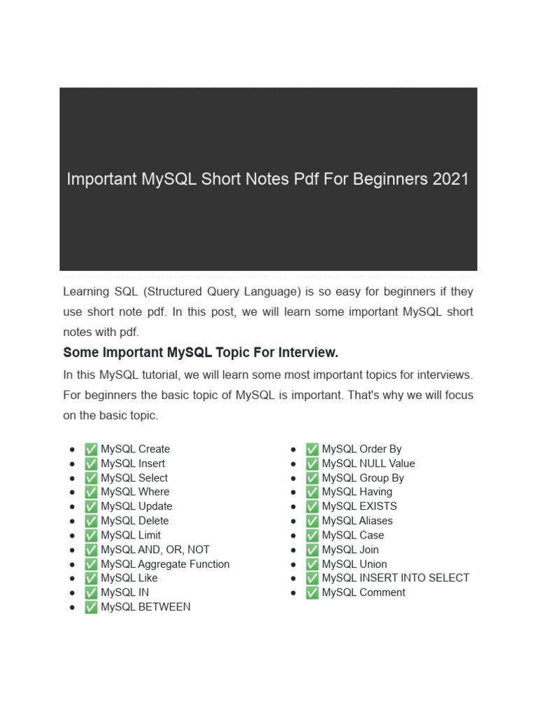 Important MySQL Short Notes PDF For Beginners 2021 | PDF | Databases ...