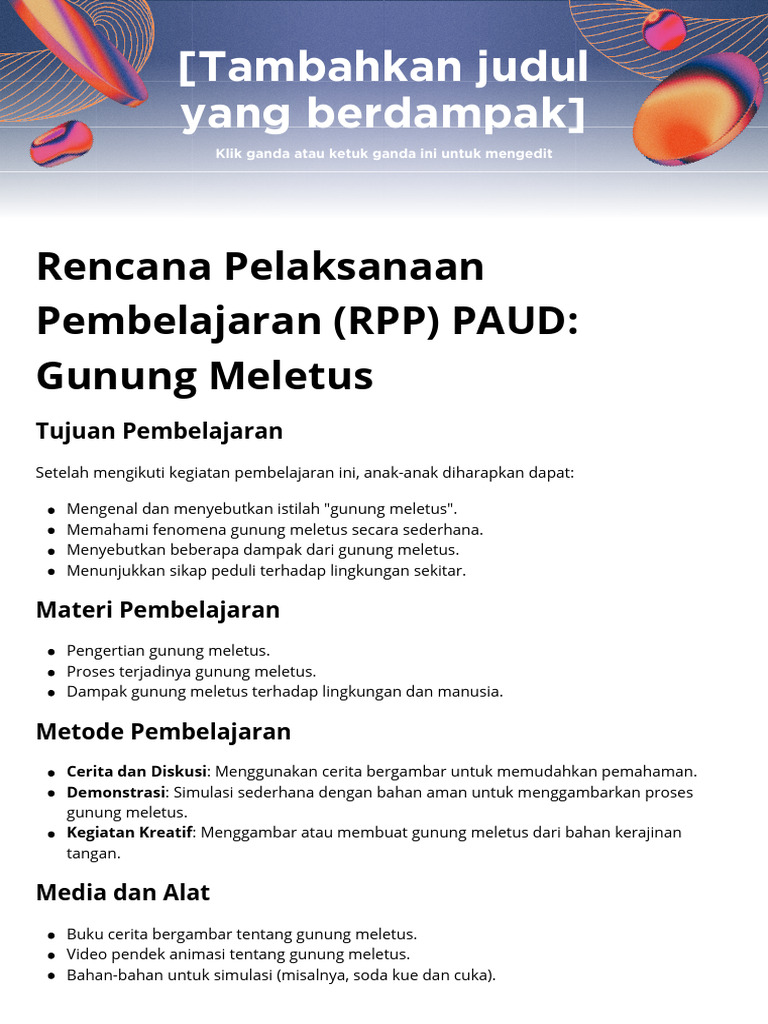 RPP PAUD: Pembelajaran Gunung Meletus | PDF