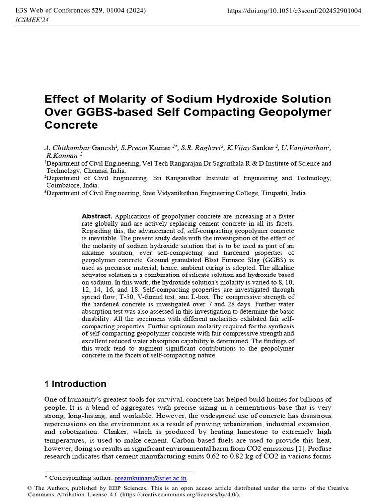 Sodium Hydroxide Molarity in GGBS Geopolymer Concrete | PDF | Concrete ...