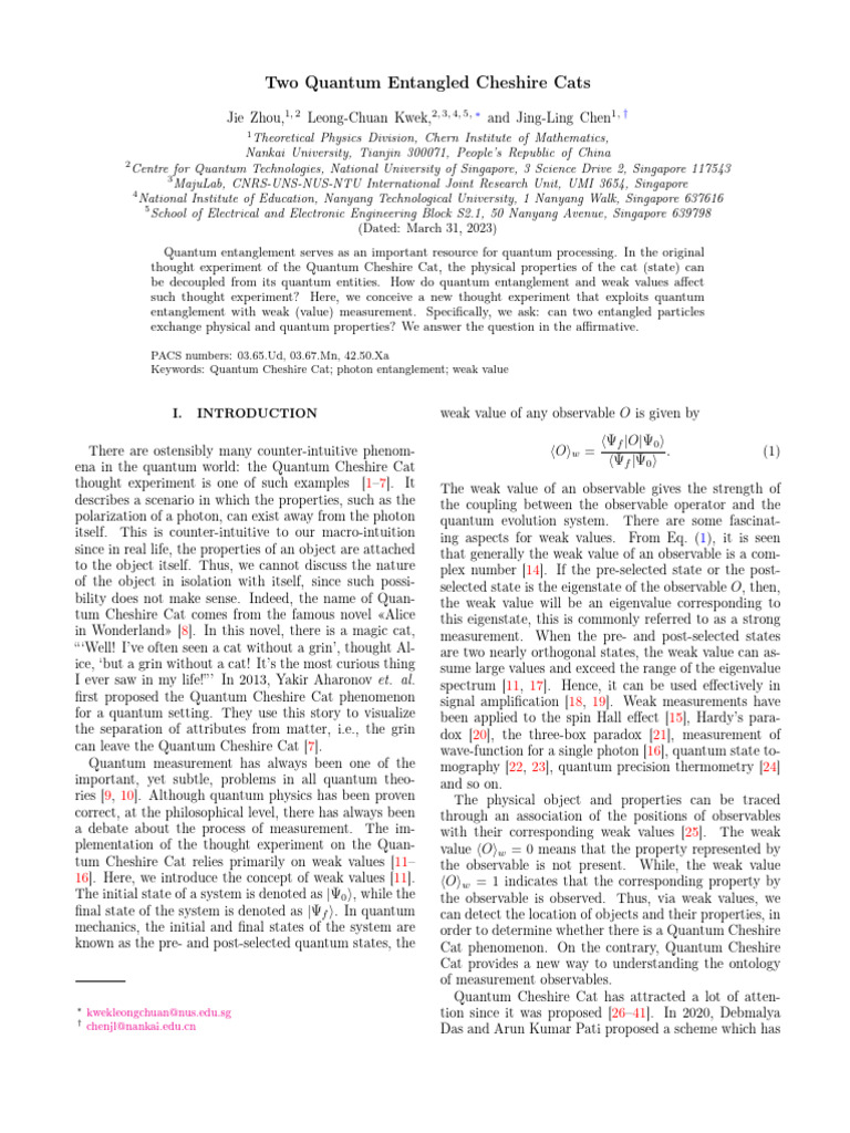 Image showcasing Two Quantum Entangled Cheshire Cats | PDF | Quantum Entanglement ...
