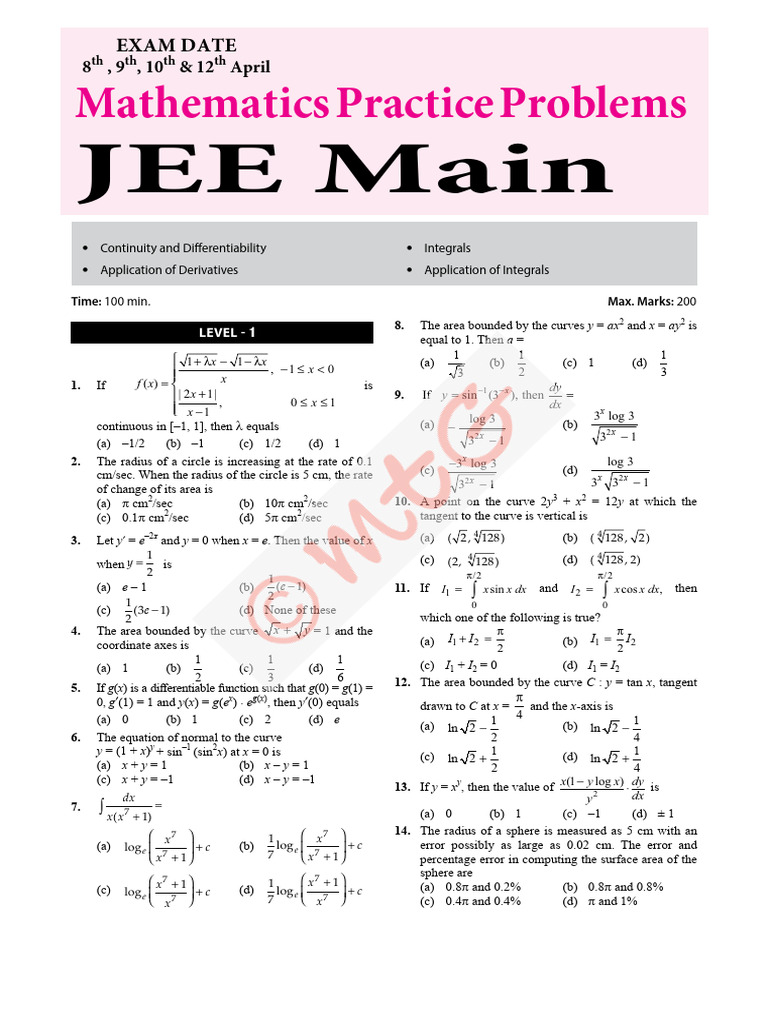 Mathematics Practice Problems JEE Main | PDF | Elementary Geometry ...