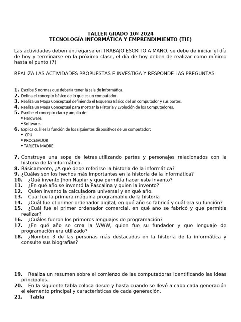 Taller de Informática Grado 10 | PDF | Hardware de la computadora ...