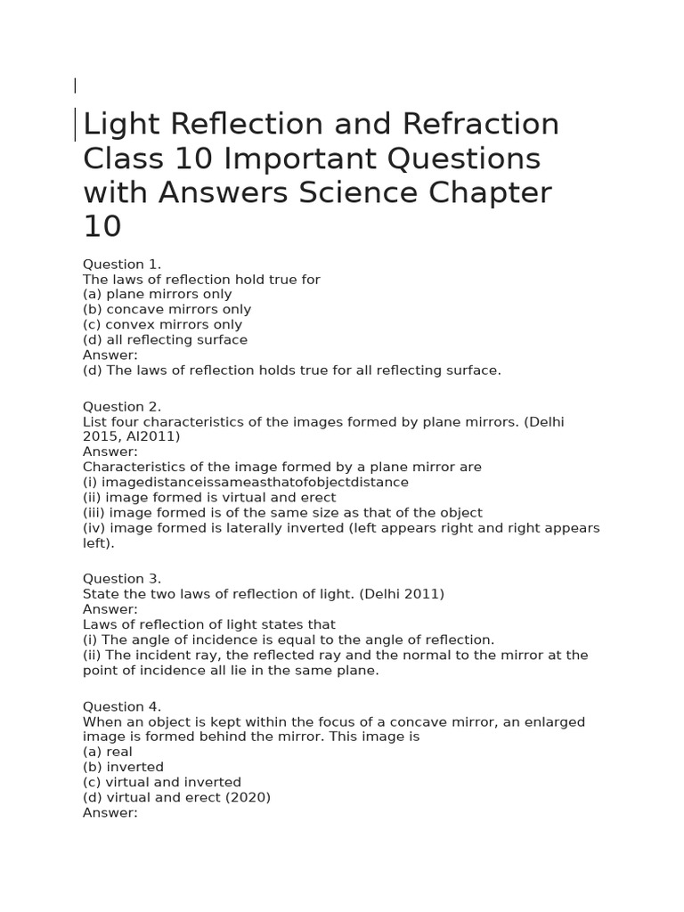 Class 10 Light Reflection & Refraction Q&A | PDF | Mirror | Optics