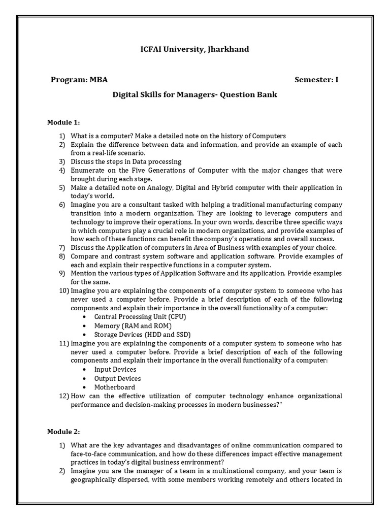 Digital Skills For Managers Question Bank Pdf Computer Network
