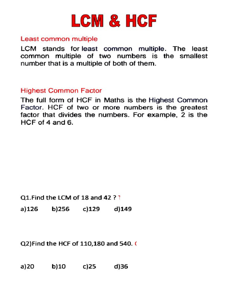 LCM and HCF Practice Questions | PDF | Mathematical Relations | Algebra