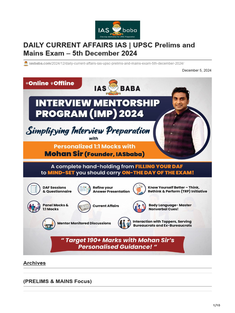 DAILY CURRENT AFFAIRS IAS UPSC Prelims and Mains Exam 5th December 2024 ...
