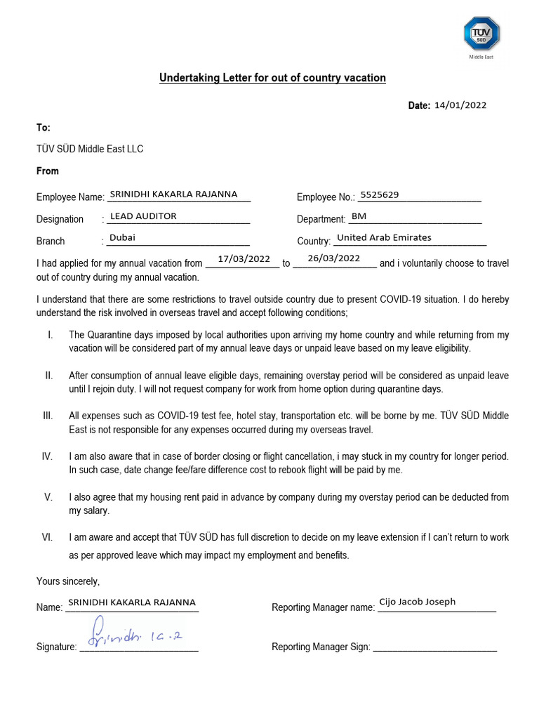 Undertaking travel editable form pdf employment