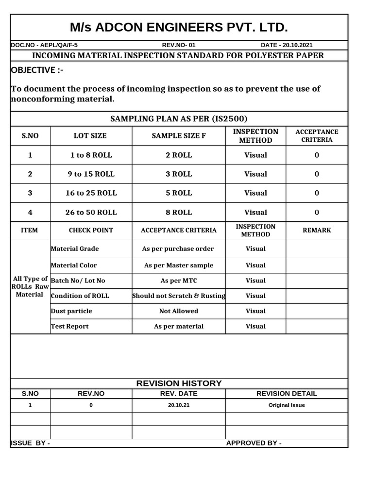 Incoming Material Inspection Standards | PDF