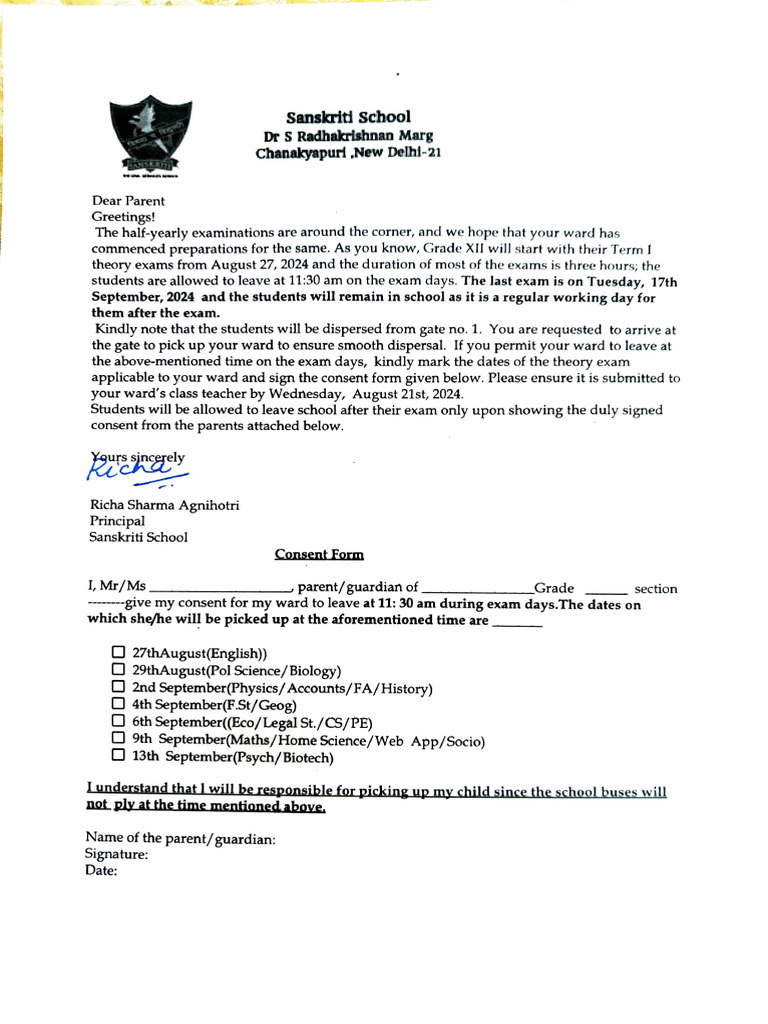 Letter To Leave Early On Exam Days | PDF