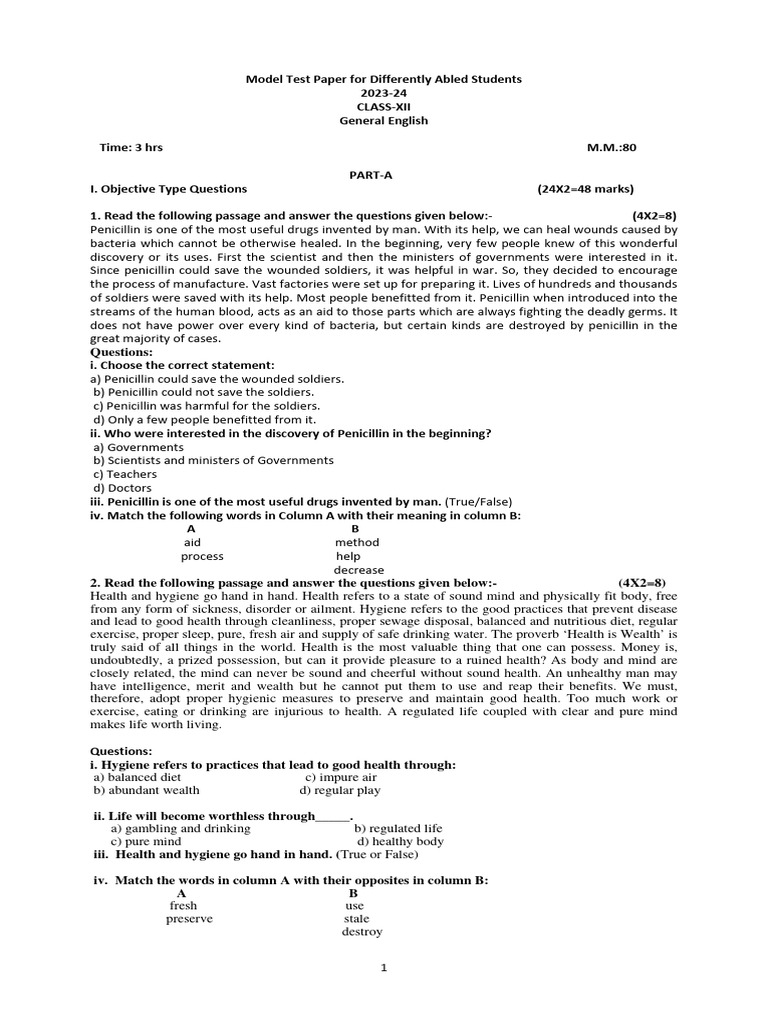 12th General English Model Test Paper DA Student 2023-24 | PDF ...