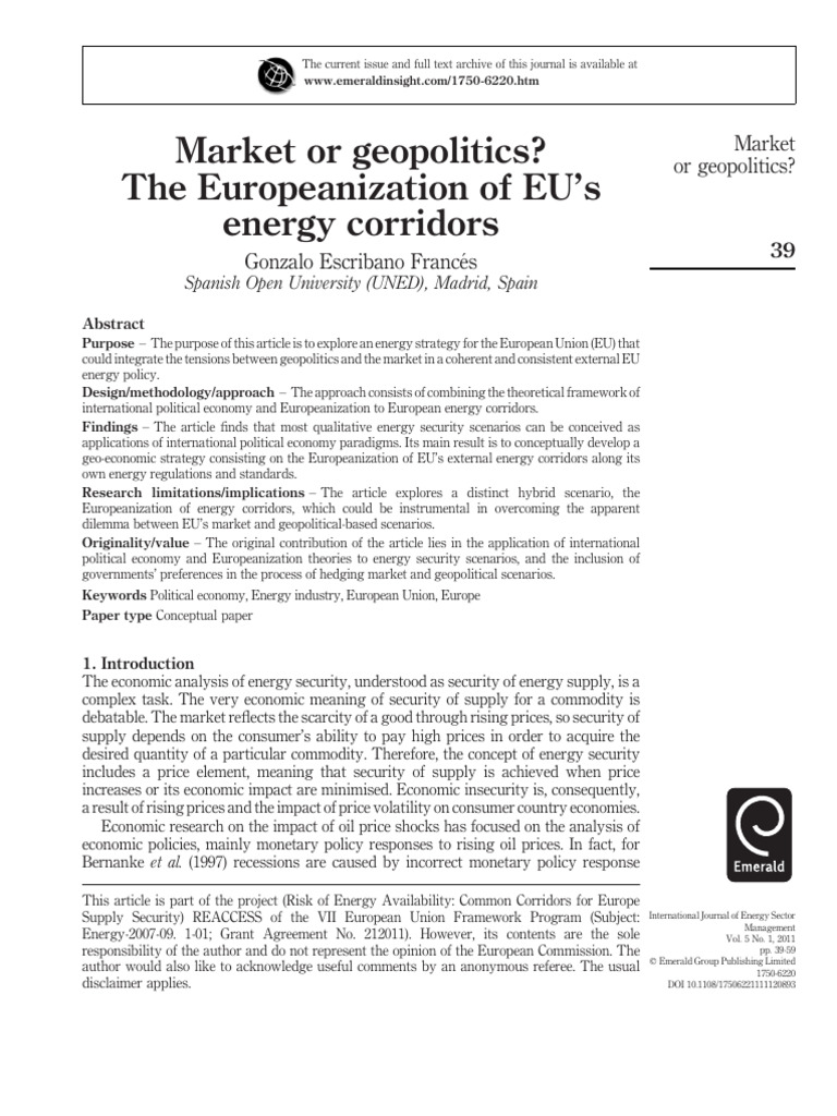 Market or Geopolitics? The Europeanization of EU's Energy Corridors ...