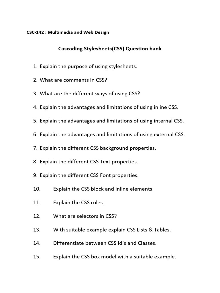 CSC 142 - Multimedia and Web Design - Cascading Style Sheets - Question ...