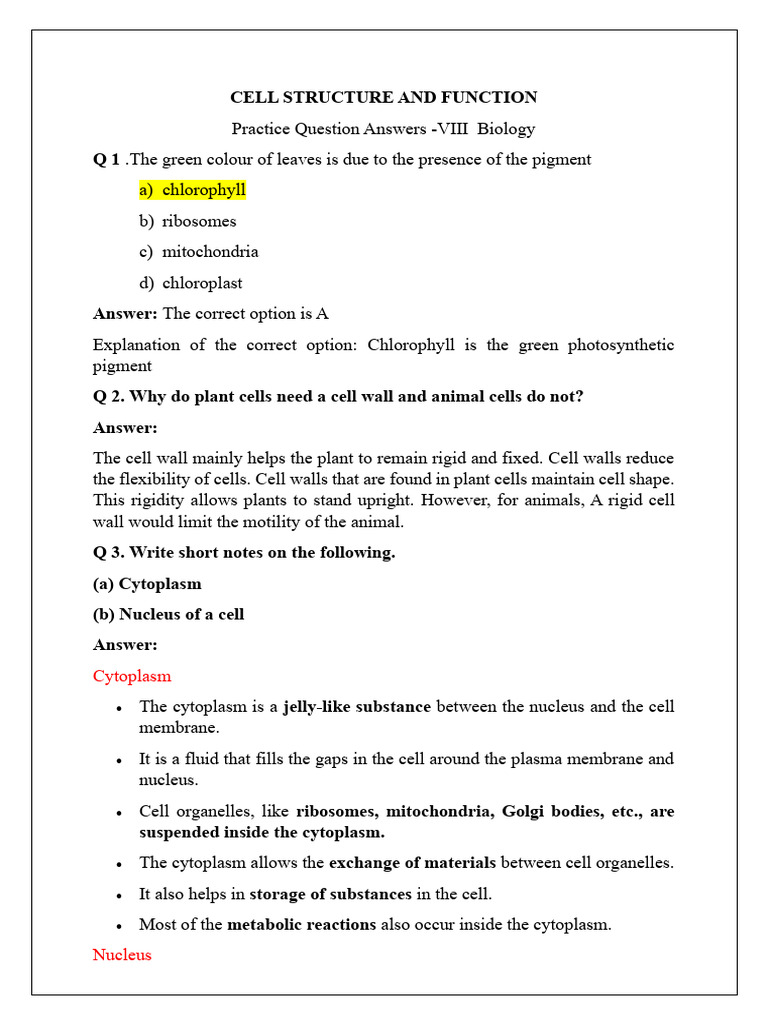 CELL STRUCTURE AND FUNCTION SAMPLEQUESTION WITH ANSWERS | PDF | Cell ...