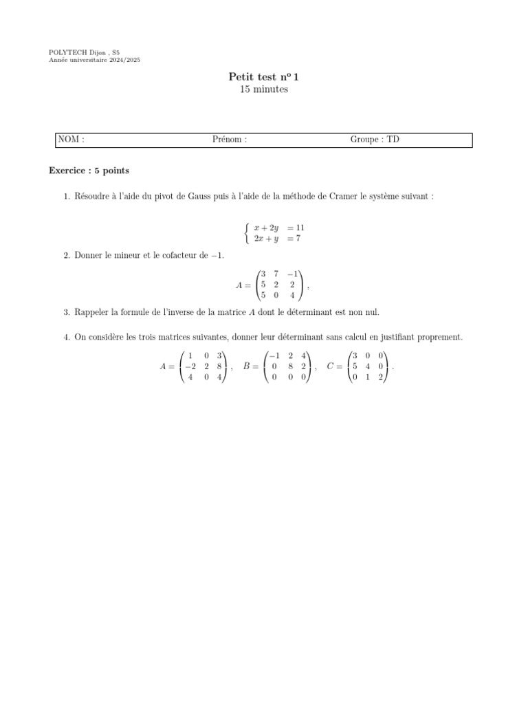 Test de mathématiques S5 POLYTECH 2024 | PDF