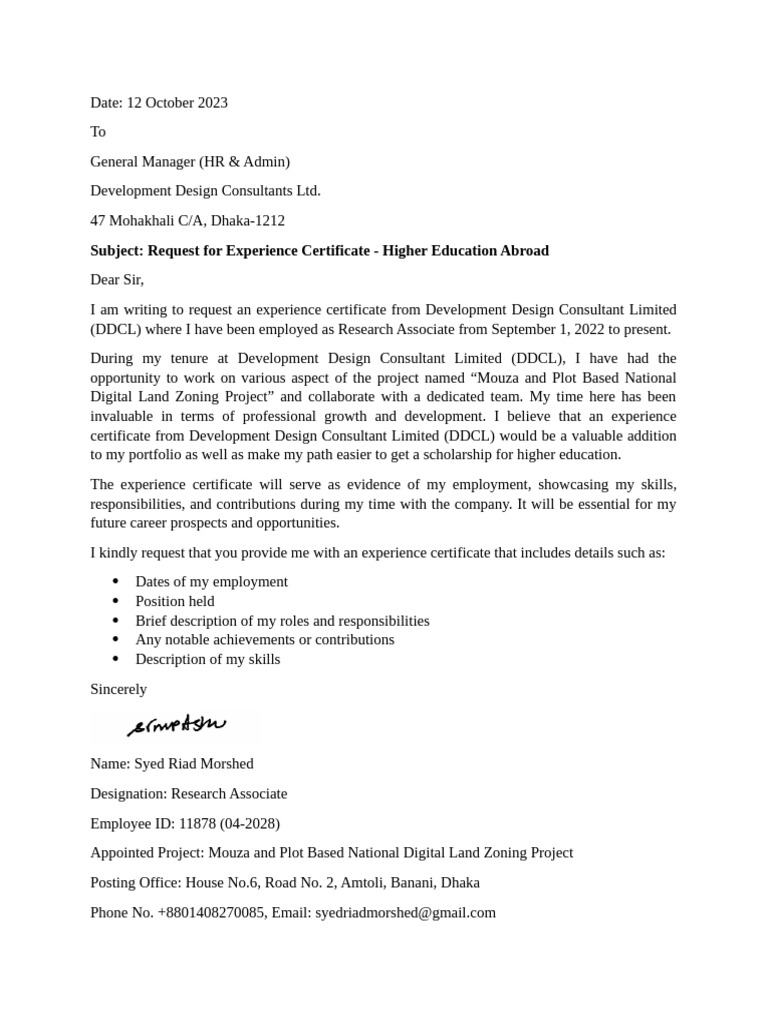 Application for experience certificate pdf