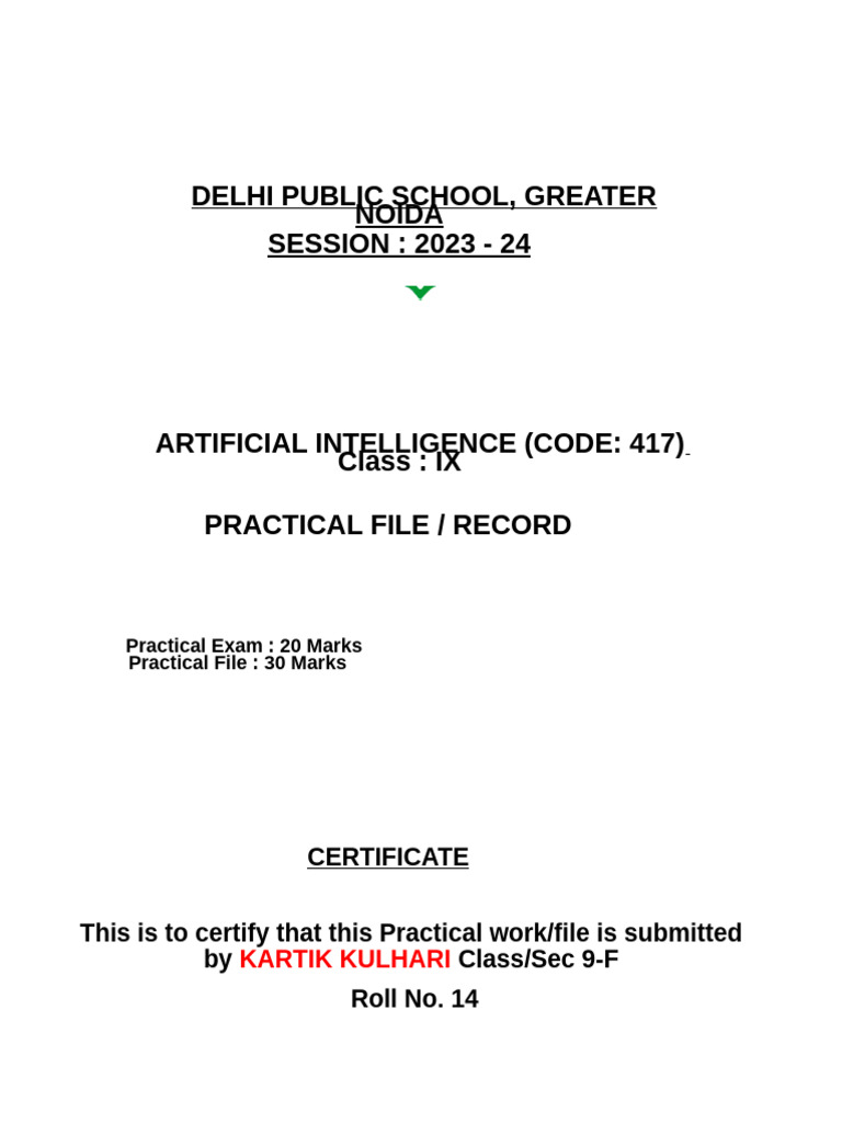 Class 9 AI Practical File 2023-24 | PDF | Area | Computing
