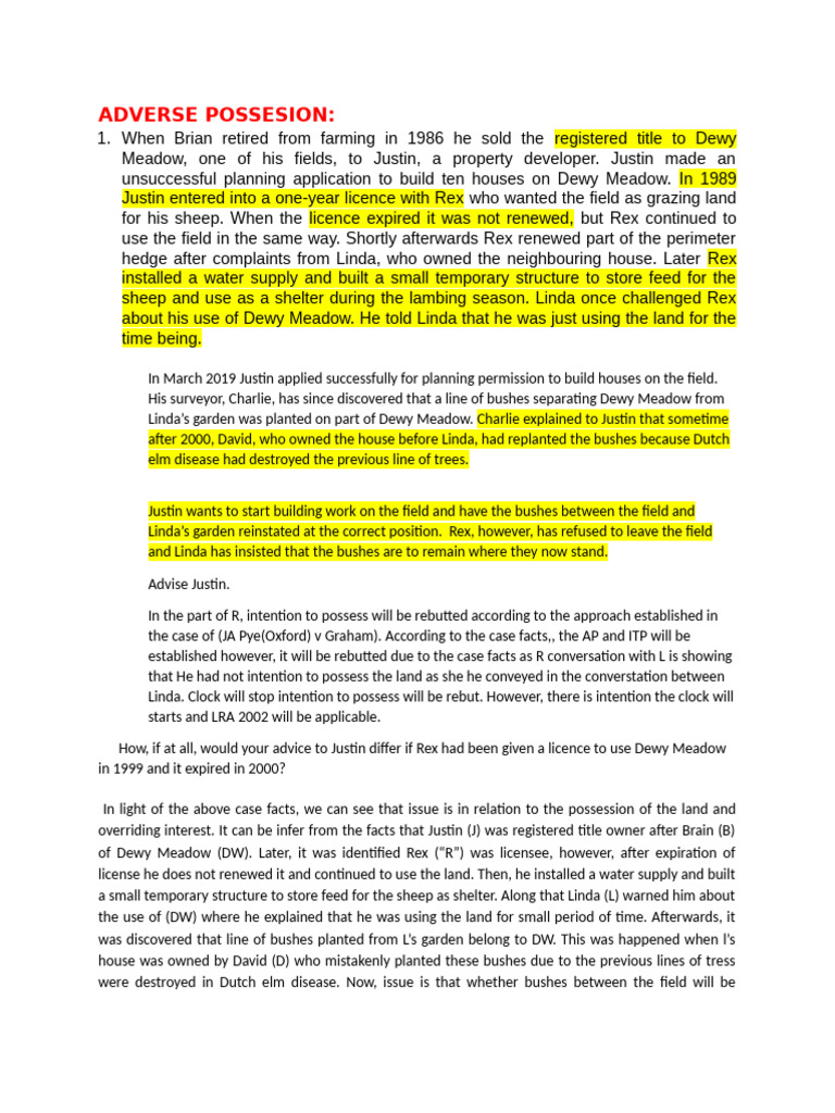 Adverse Possession Case Analysis | PDF | Leasehold Estate | Lease