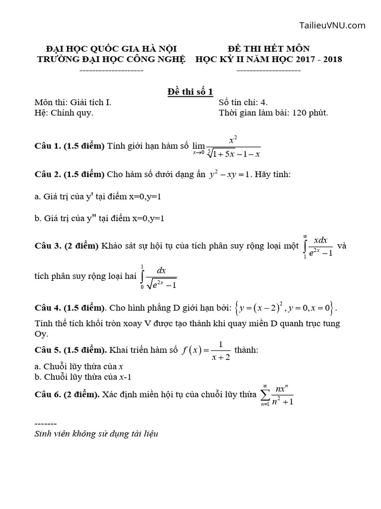 De Thi Va Dap An Giai Tich 1 de So 1 Ky 2 Nam Hoc 2017 2018 UET | PDF