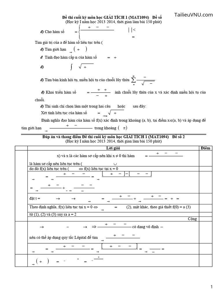 De Thi Va Dap An Giai Tich 1 de So 2 Ky 1 Nam Hoc 2013 2014 UET | PDF