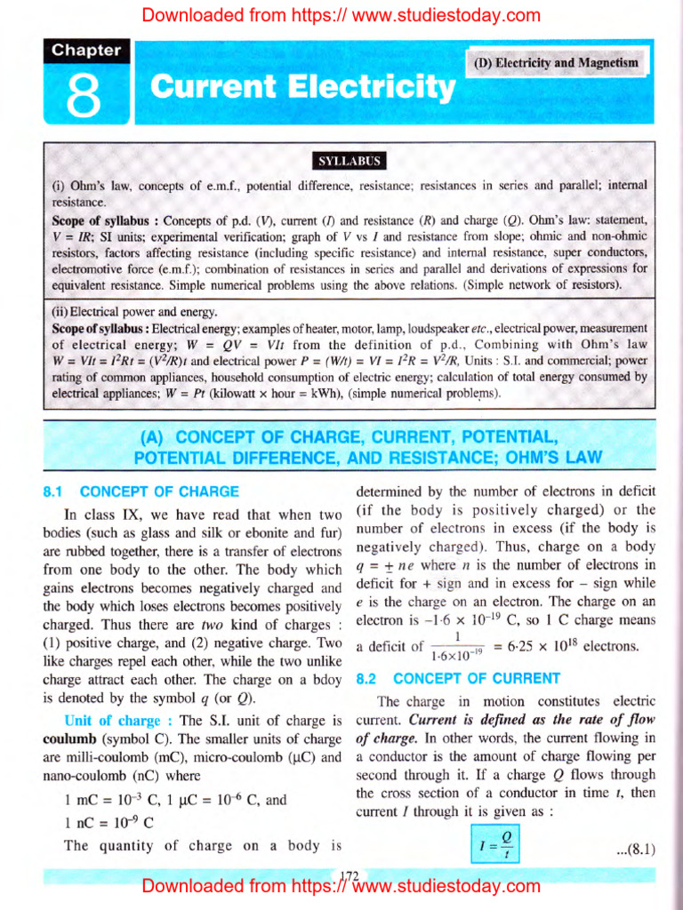 ICSE Selina Class 10 Physics Chapter 08 Current Electricity | PDF
