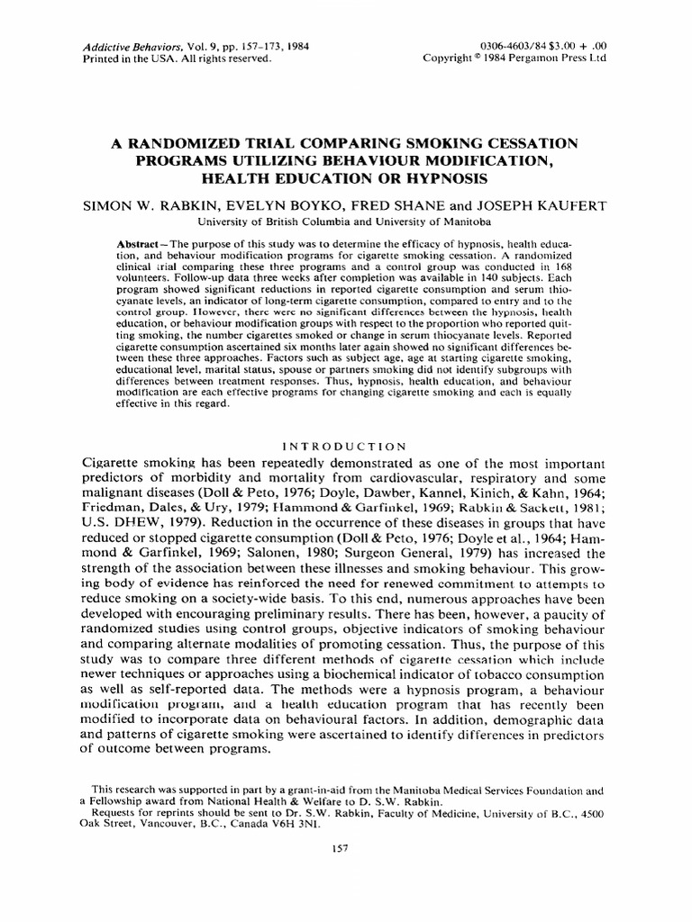 A Randomized Trial Comparing Smoking Ces | PDF | Hypnosis | Tobacco Smoking