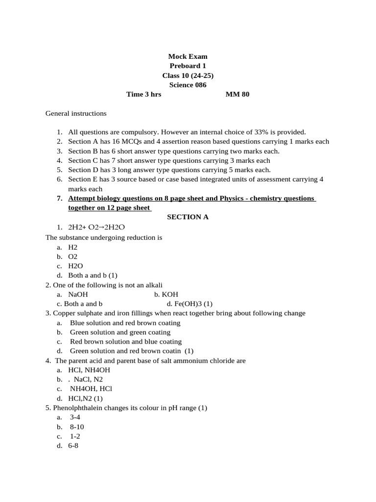 Mock PB1 Final Class10 (24-25) | PDF | Chemistry