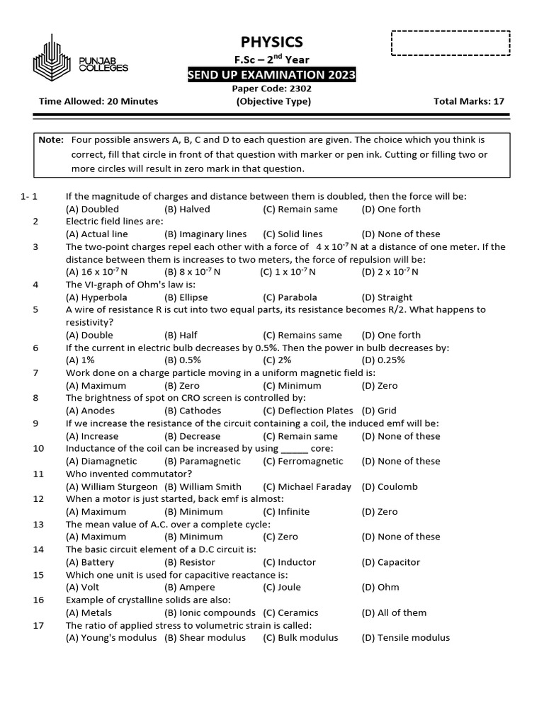 F.Sc 2nd Year Physics Exam Paper 2023 | PDF | Inductor ...