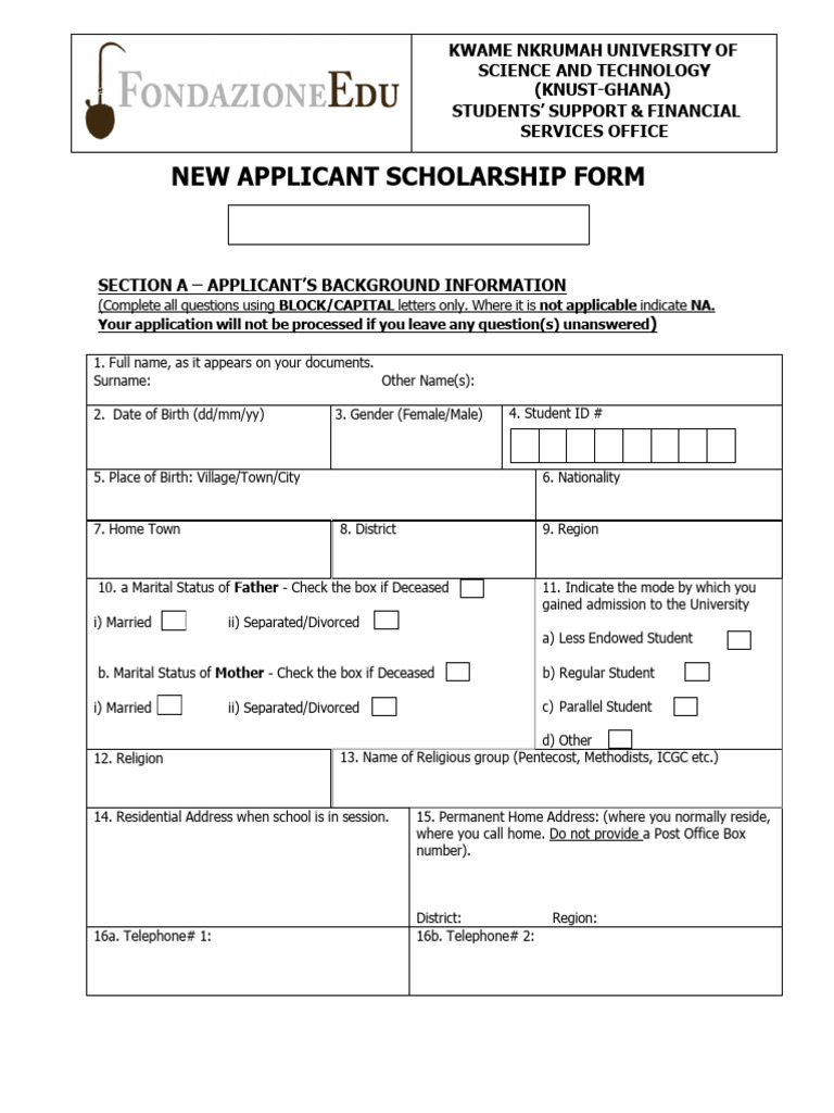 KNUST Financial Aid Application Form | PDF